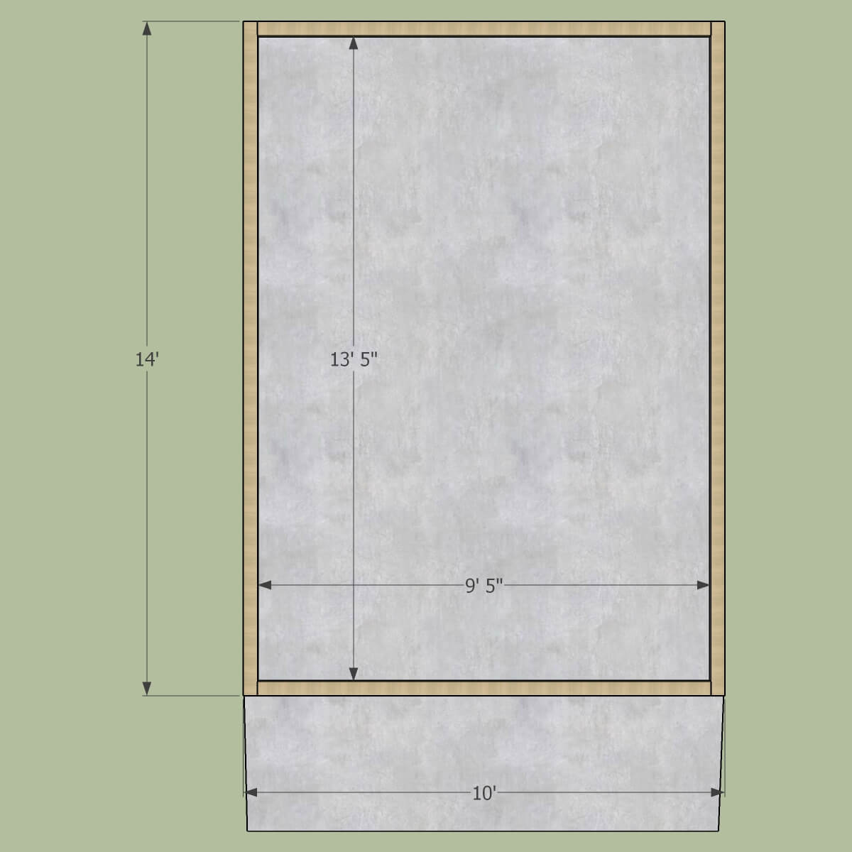 Floor plan dimensions for 10x14 shed showing framing walls and interior space.