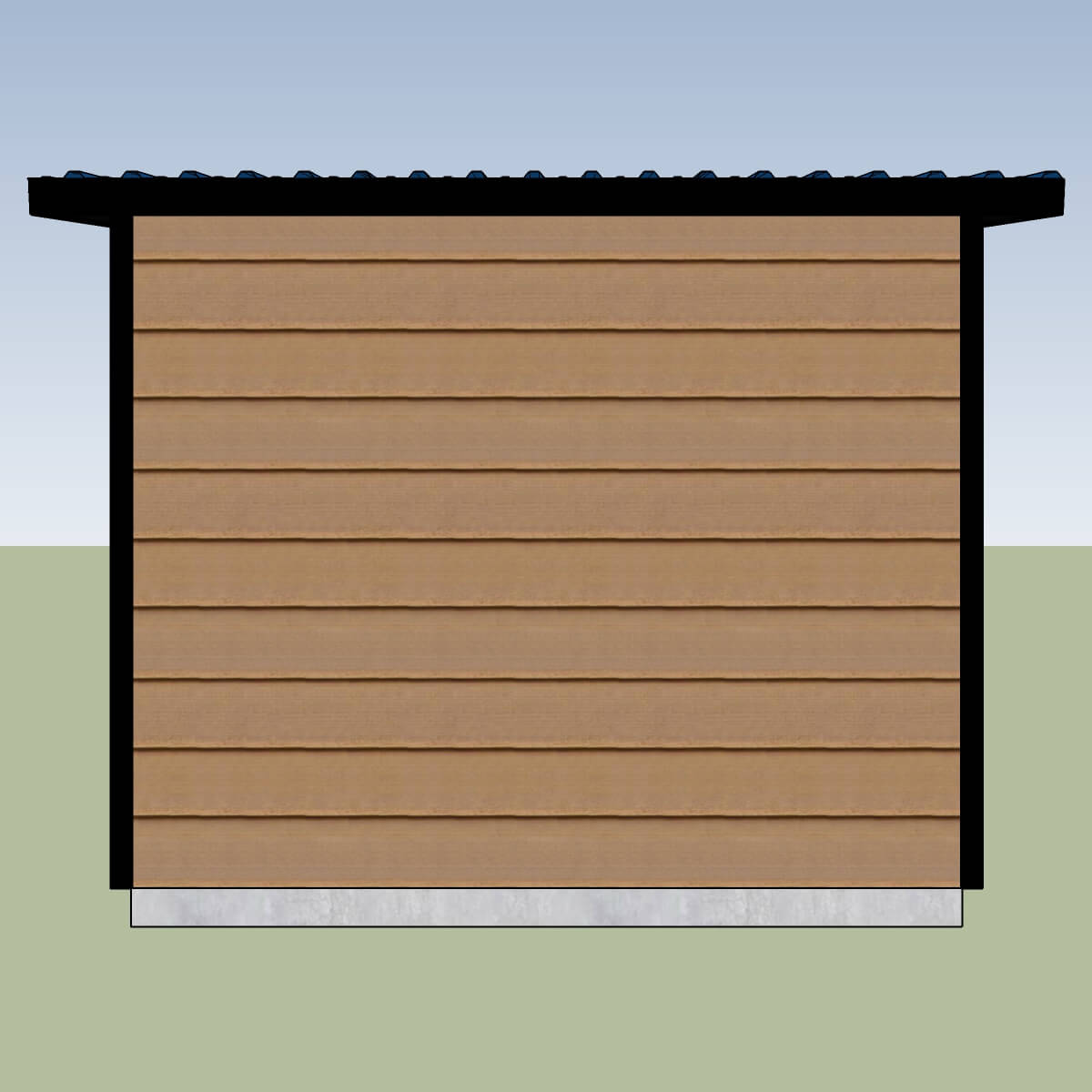 Rear view of the garden shed showing horizontal siding and roof slope.