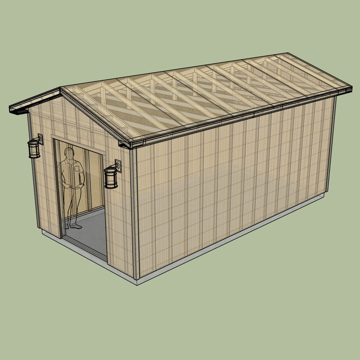 X-ray "ghost" view showing the interior lumber framing, studs, and rafters.