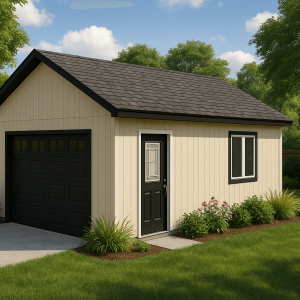 Realistic 3D rendering of a finished 18x24 cream garage with black accents in a yard.