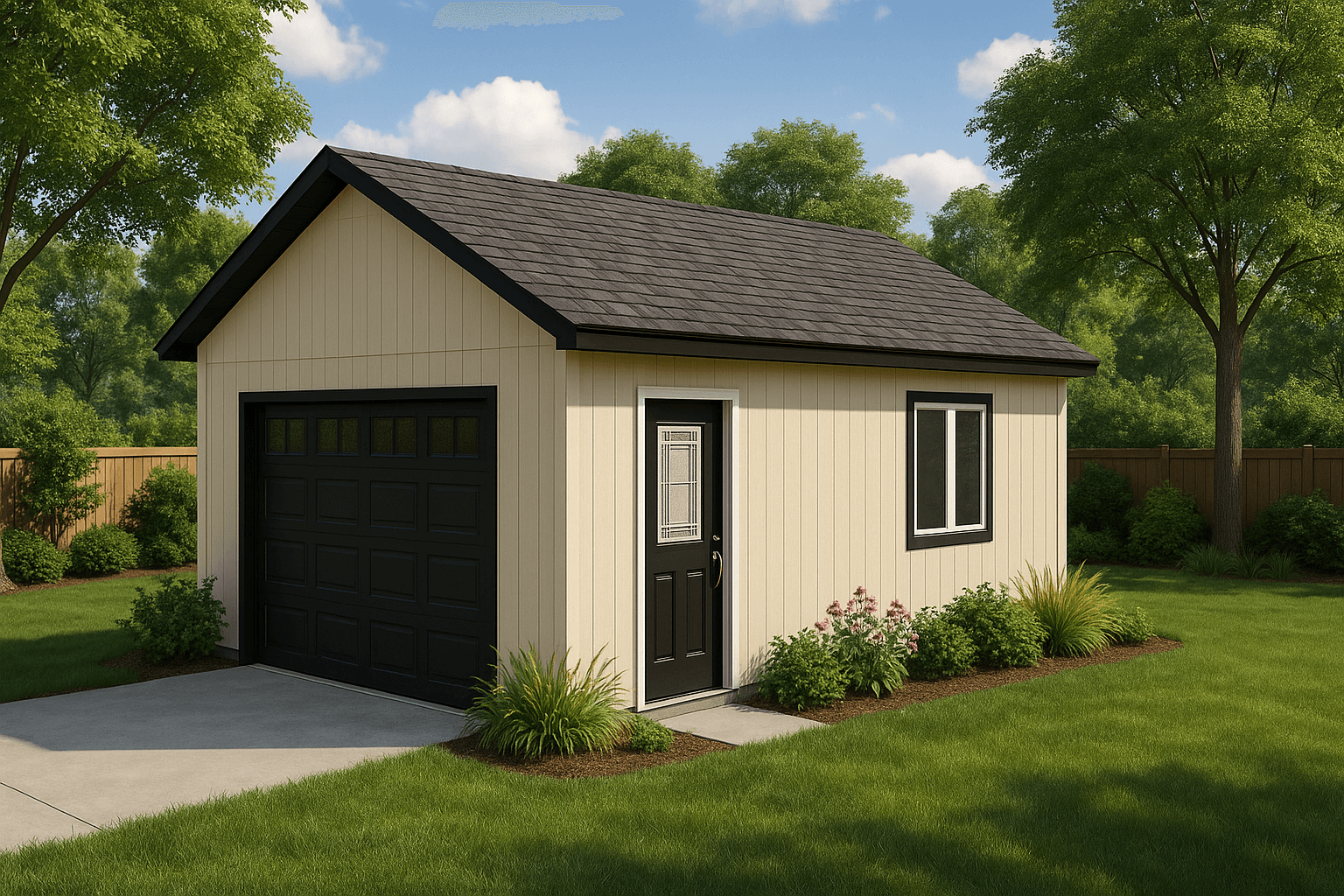 Realistic 3D rendering of a finished 18x24 cream garage with black accents in a yard.