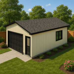 Realistic 3D rendering of a completed 18x24 single-car gable garage in a backyard setting with vinyl siding and asphalt shingles.