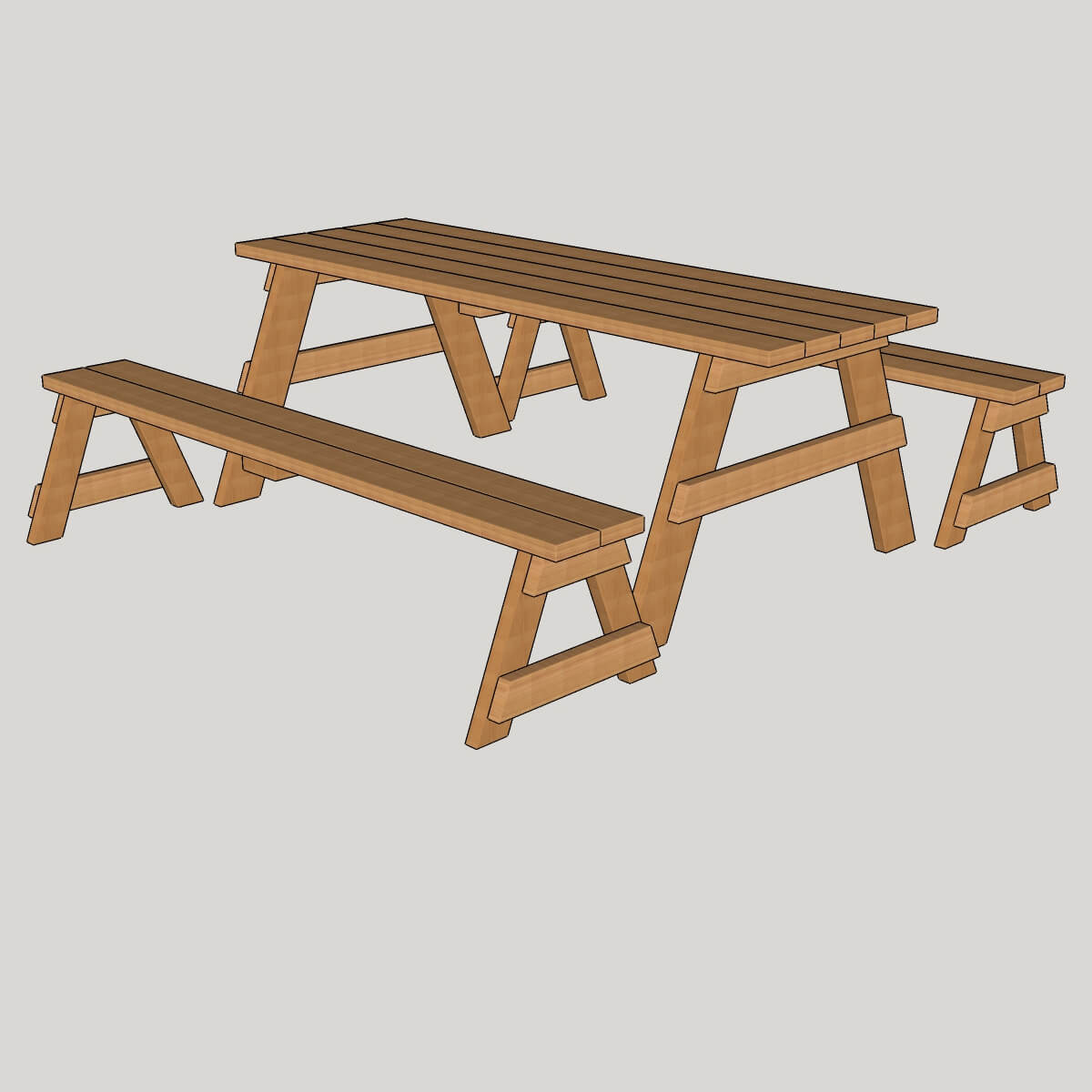 Isometric 3D rendering of the picnic table and two matching benches
