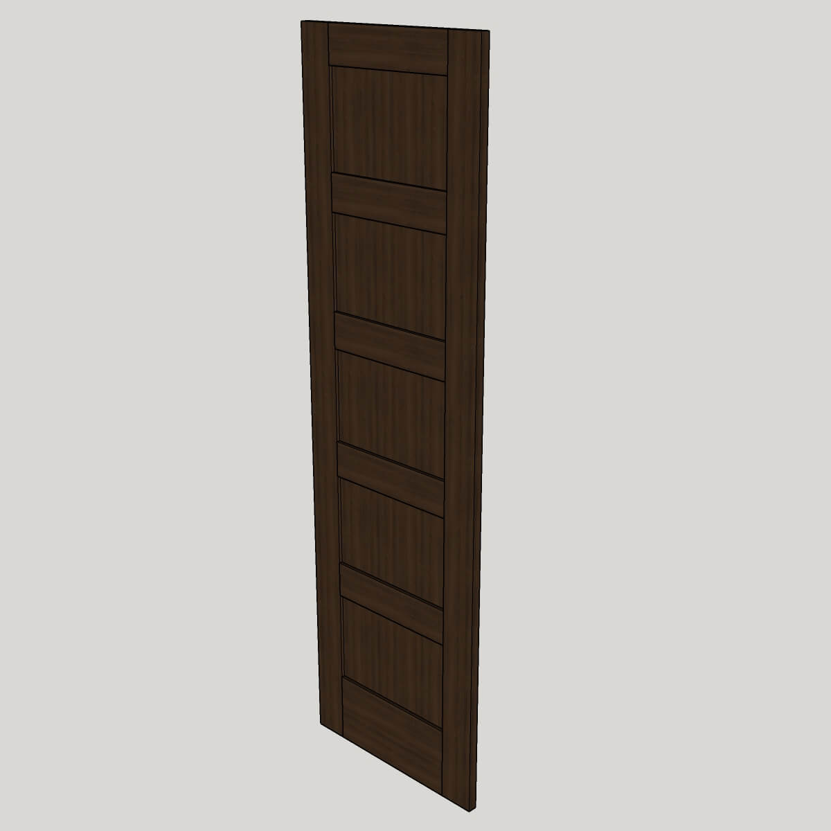 Isometric 3D view of a dark wood five-panel interior shaker door.