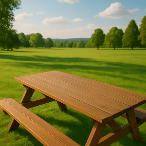 A finished traditional DIY wooden picnic table sitting in a sunny green park.