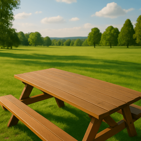 A finished traditional DIY wooden picnic table sitting in a sunny green park.