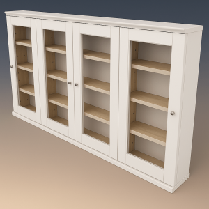 White 4-door bathroom wall cabinet render on grey background.