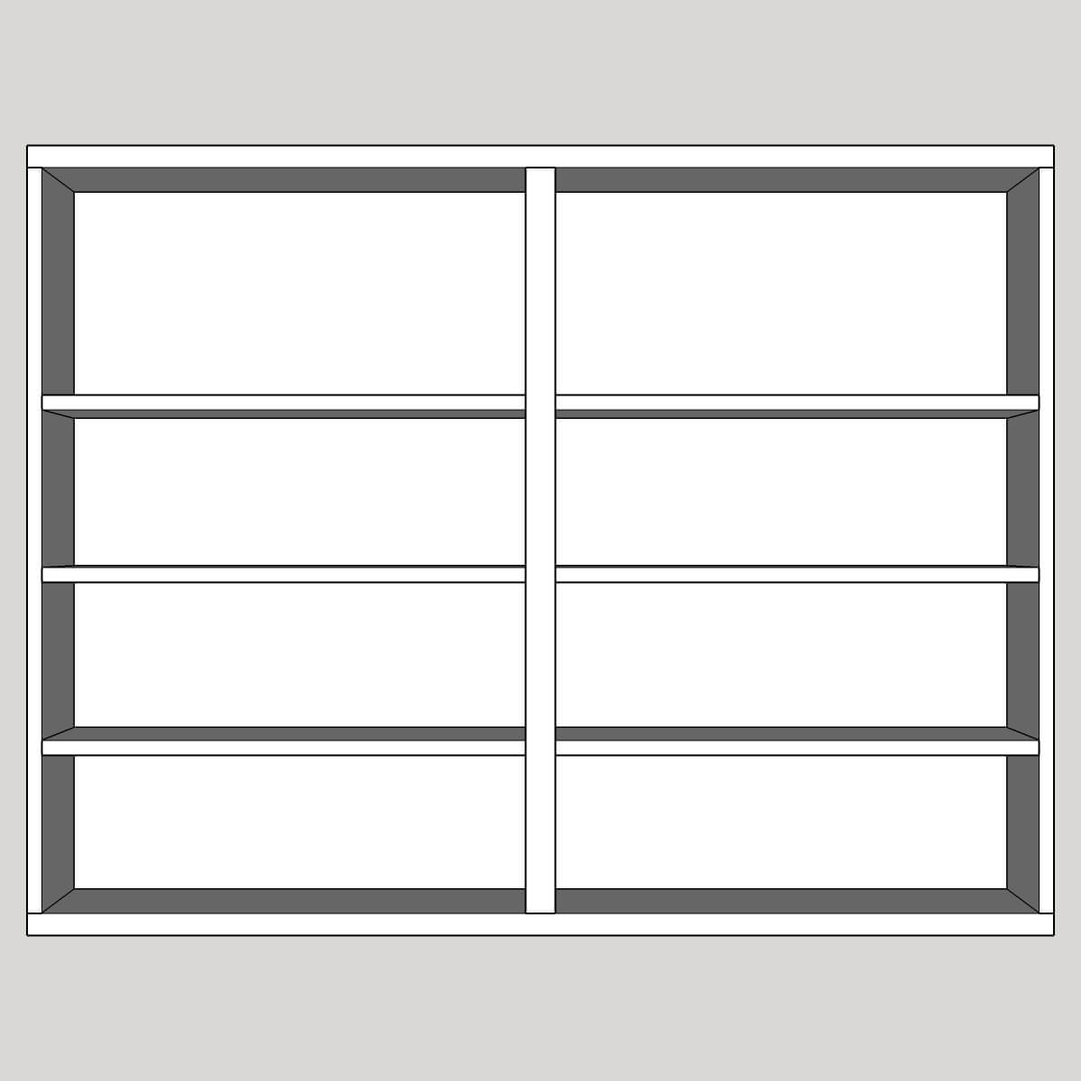 Front technical drawing of a wall bookcase with central vertical divider and eight shelves.