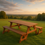 Completed wooden picnic table and two benches in a sunset field
