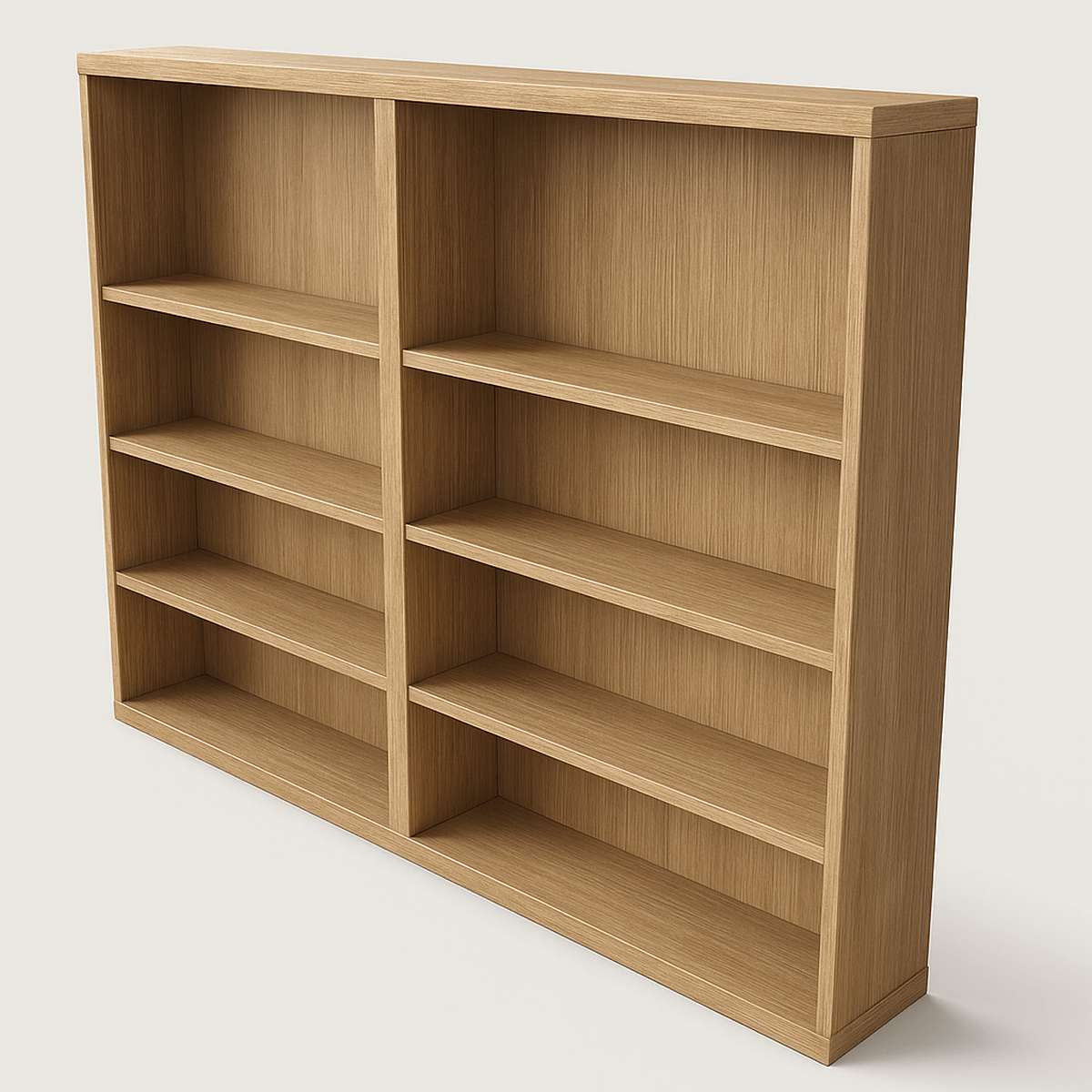 Realistic 3D render of a large wooden wall bookcase with multiple shelves.