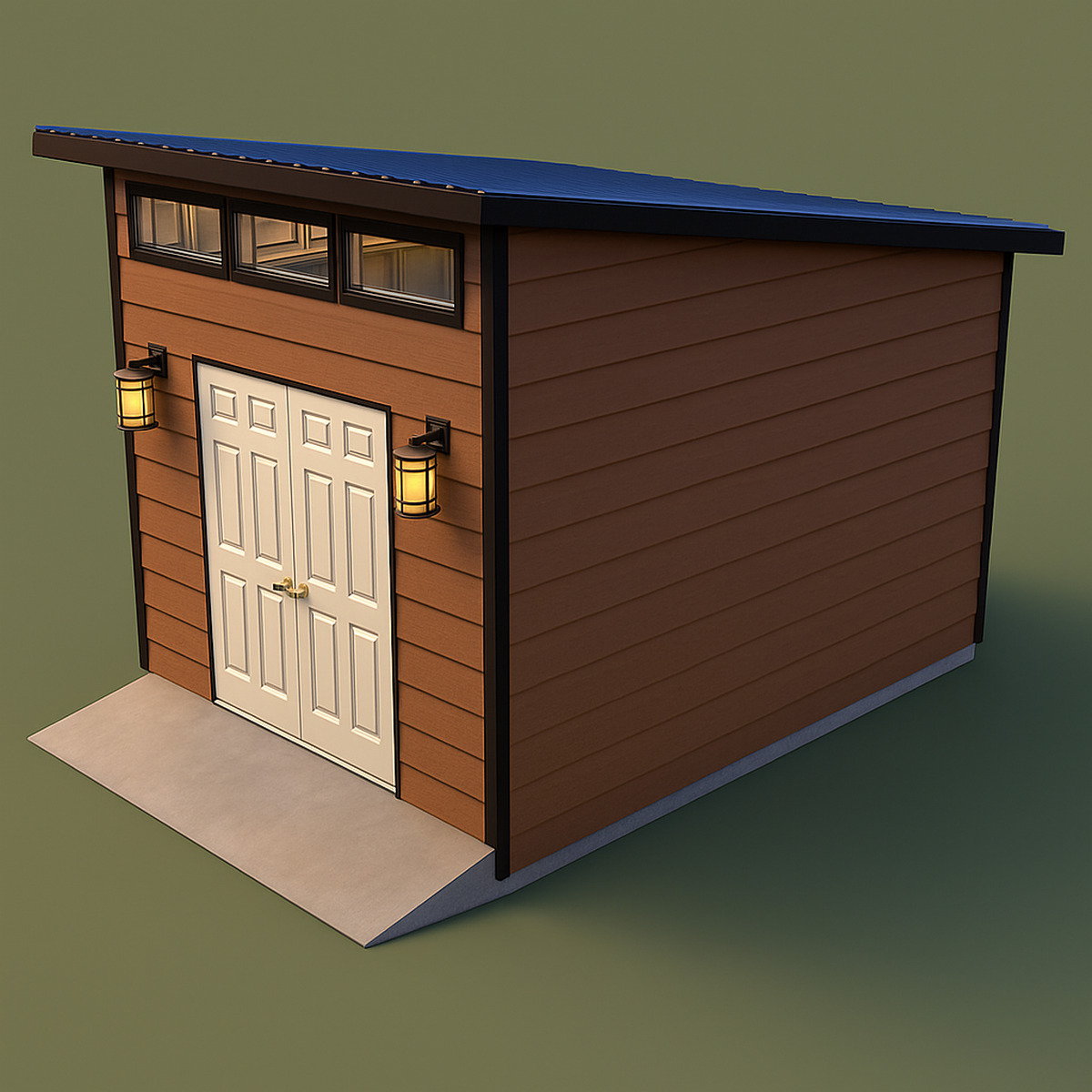 High-quality render of a modern shed used as a backyard studio with lighting.
