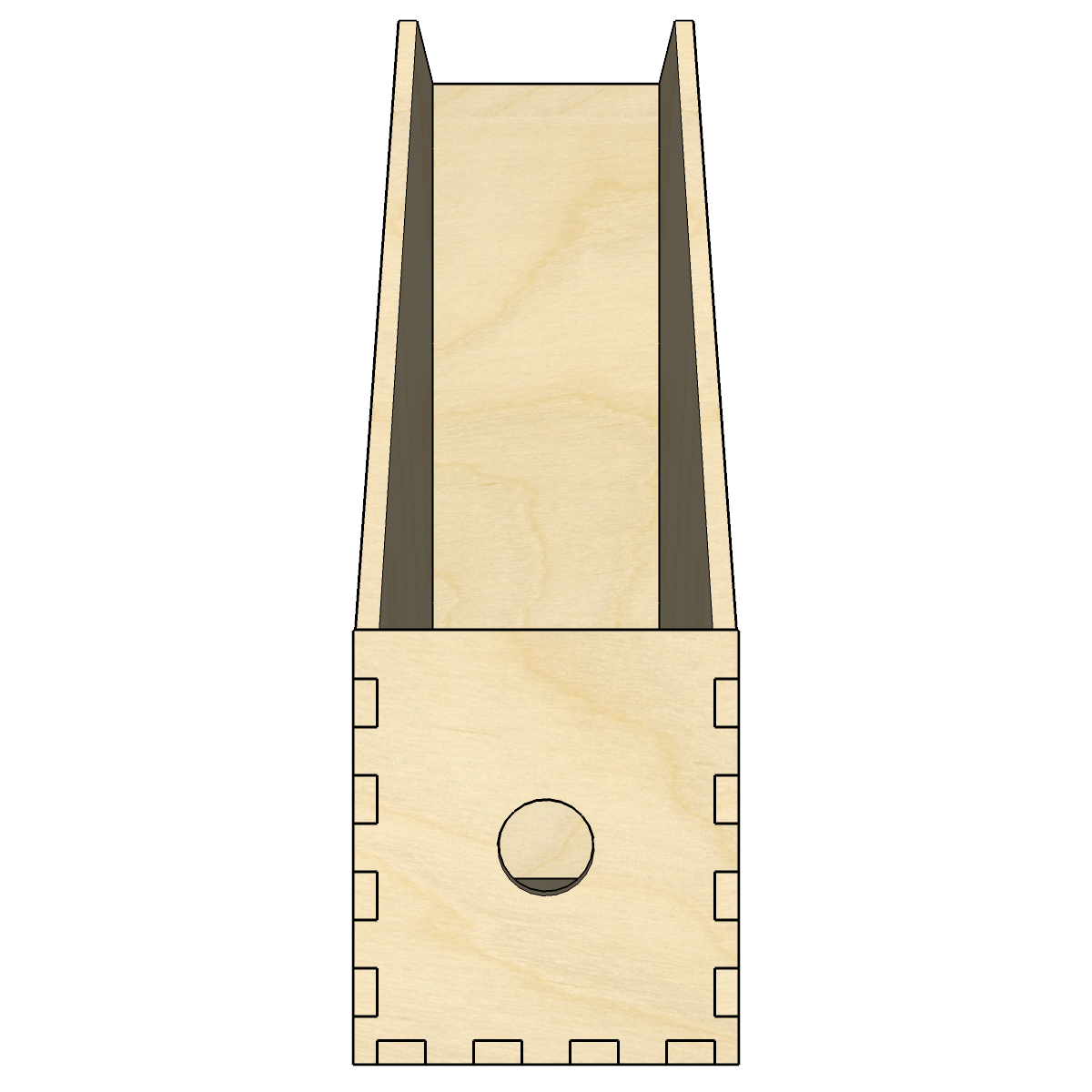 Front view of the wooden magazine holder showing the finger pull hole.
