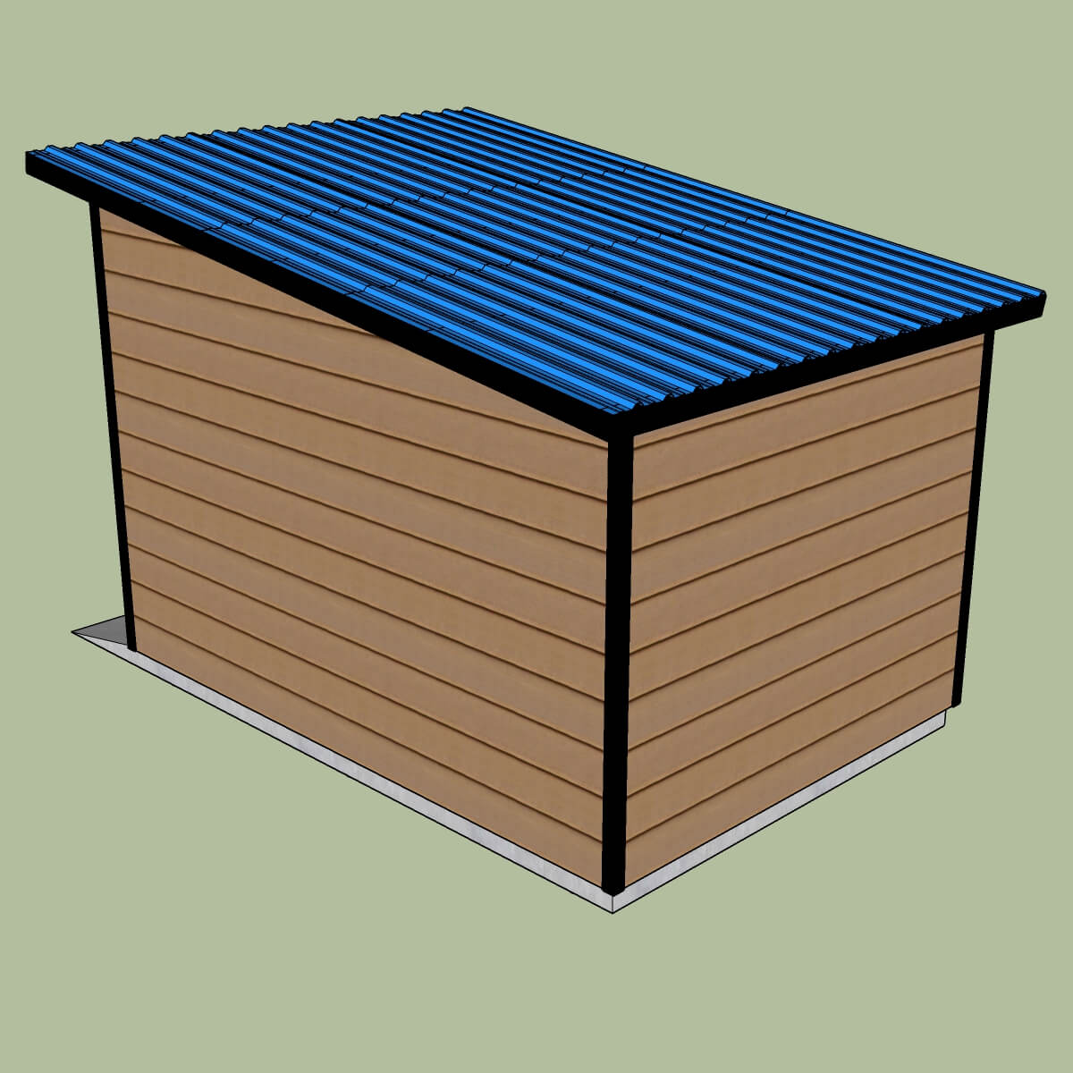 Rear isometric view showing blue metal roofing on a lean-to shed structure.