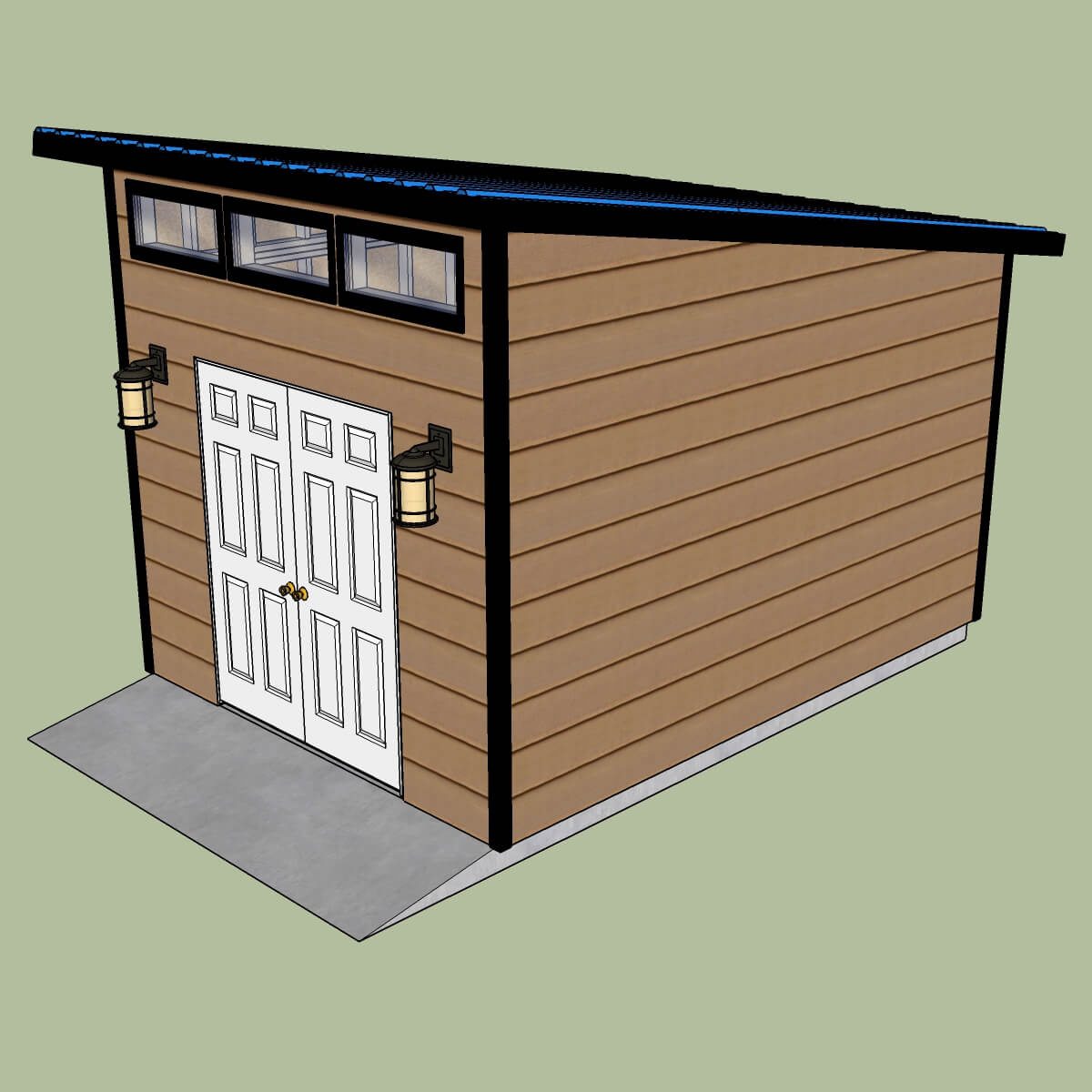 3D isometric view of a wooden modern shed with black trim and metal roof.
