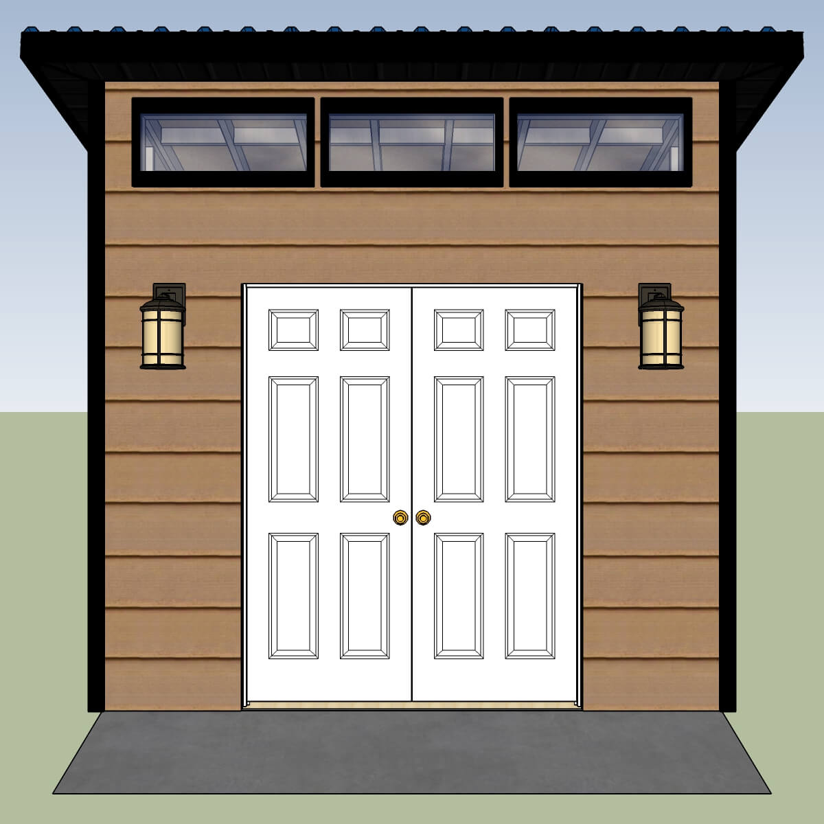 Front elevation of a modern lean-to shed featuring double doors and transom windows.