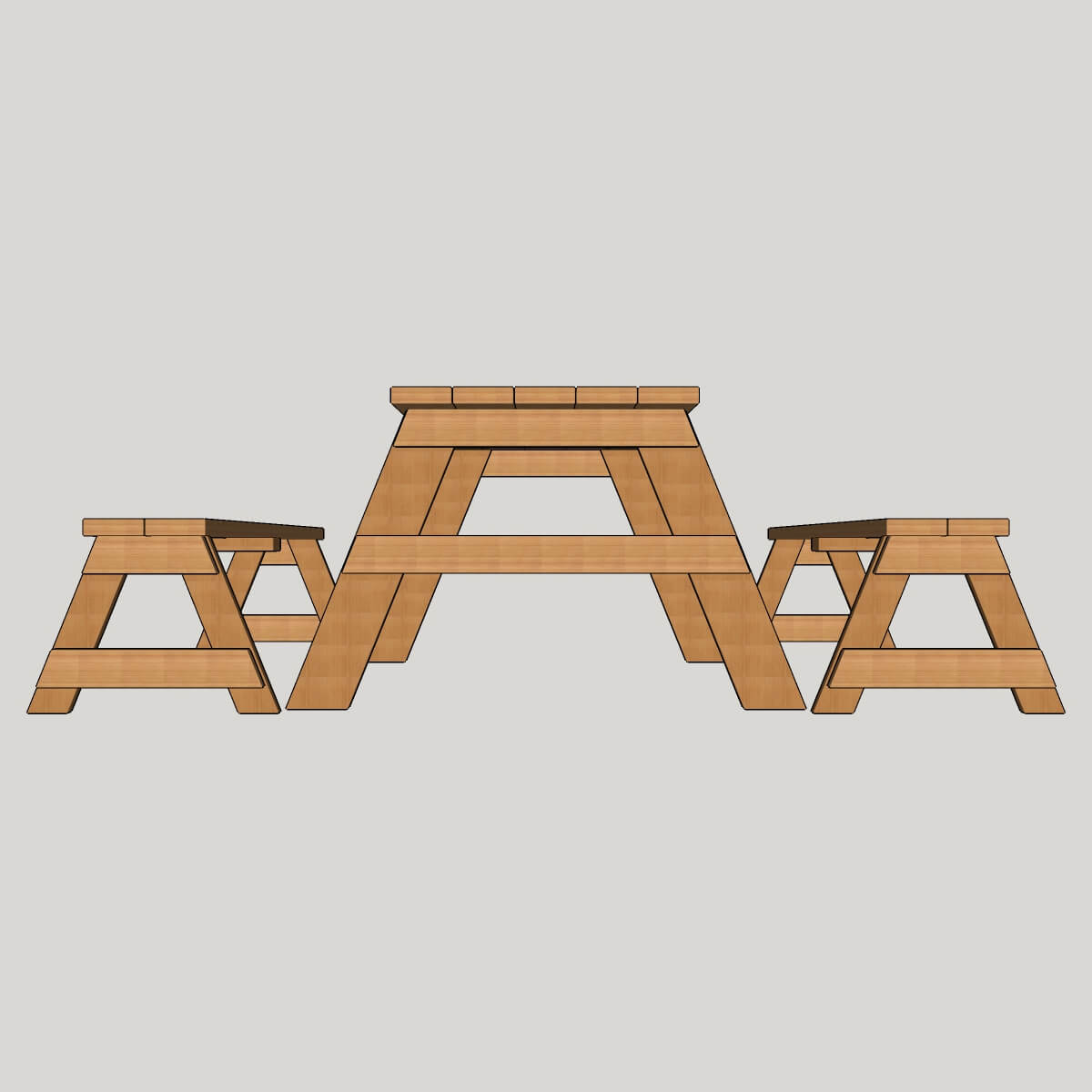 Side view showing the modern A-frame leg design of the table and benches