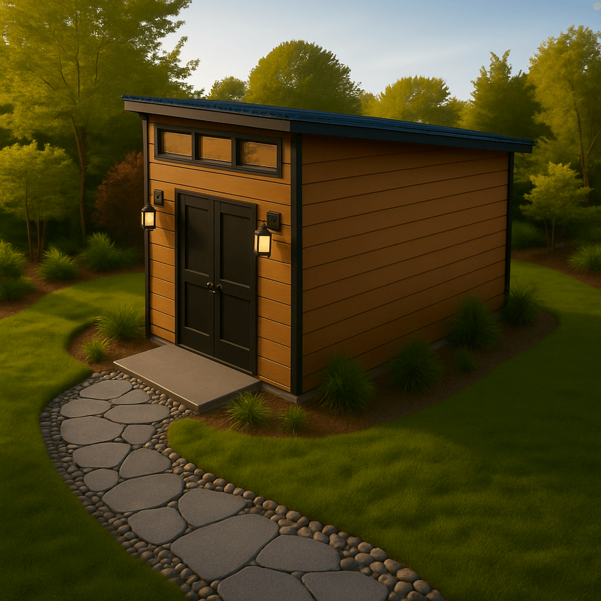 Modern storage shed render at sunset showing exterior sconce lighting.
