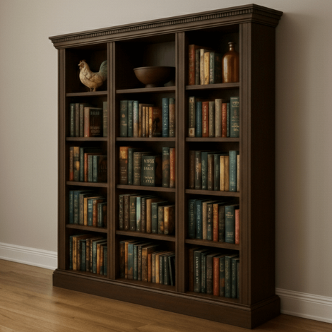 Angled view of a finished dark wood bookcase styled with books, pottery, and decor.