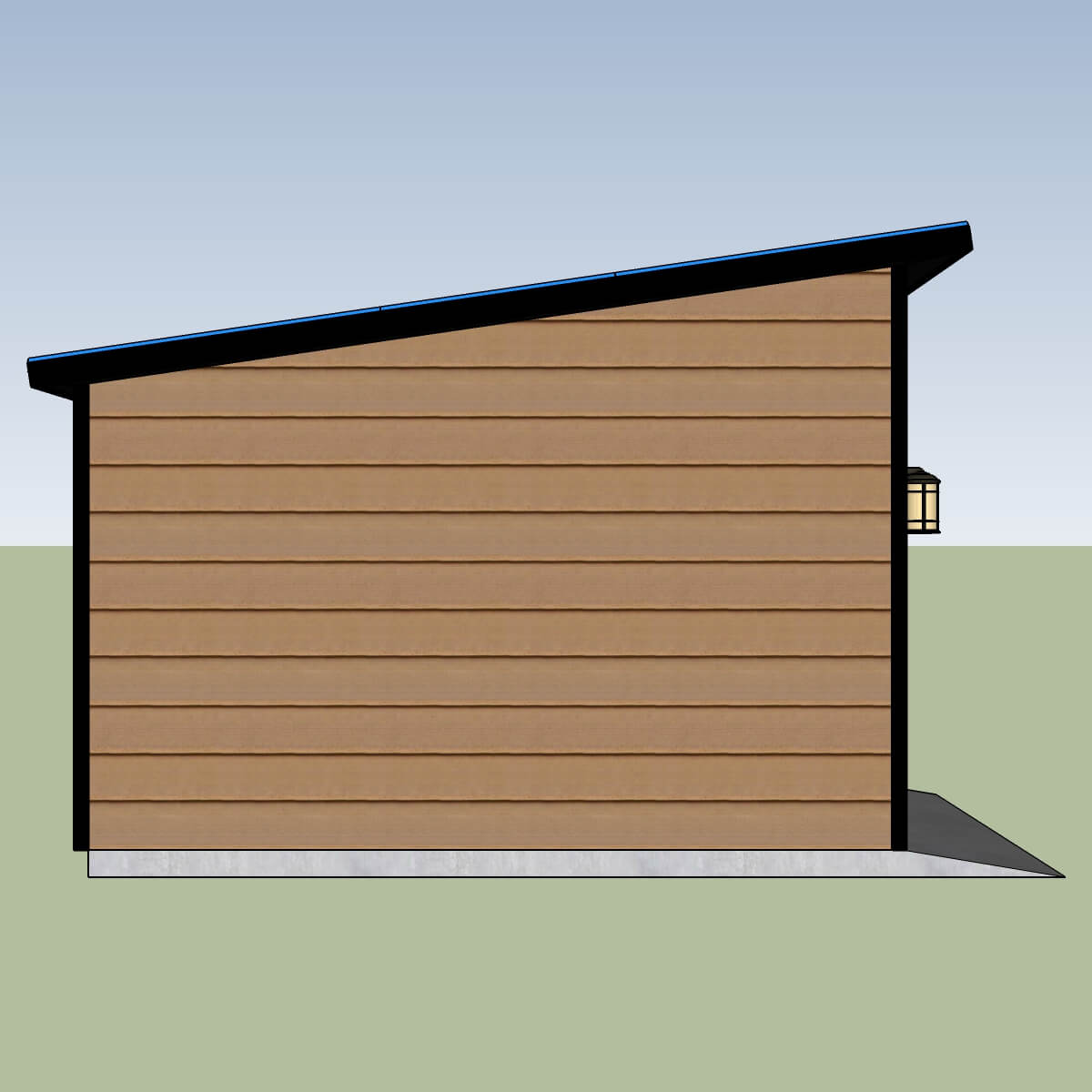 Left side profile of the shed highlighting the mono-pitch lean-to roof angle.
