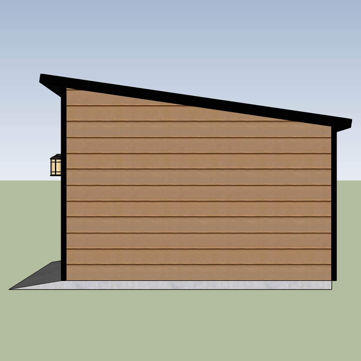 Right side profile of the shed highlighting the mono-pitch lean-to roof angle.