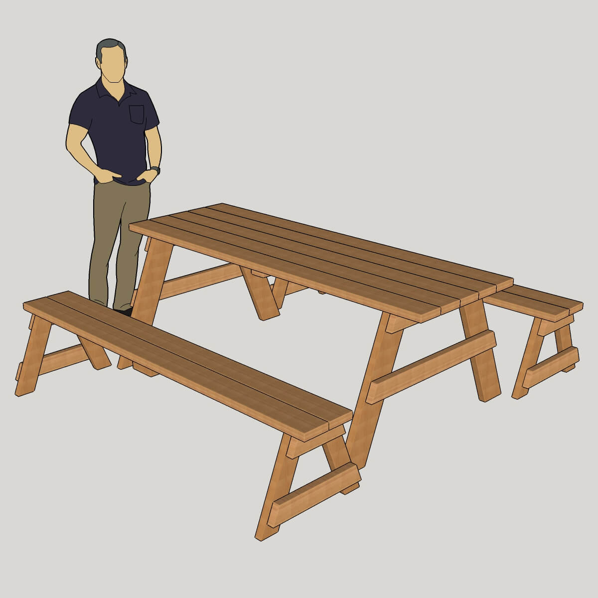 Adult figure standing next to the picnic table and benches for scale
