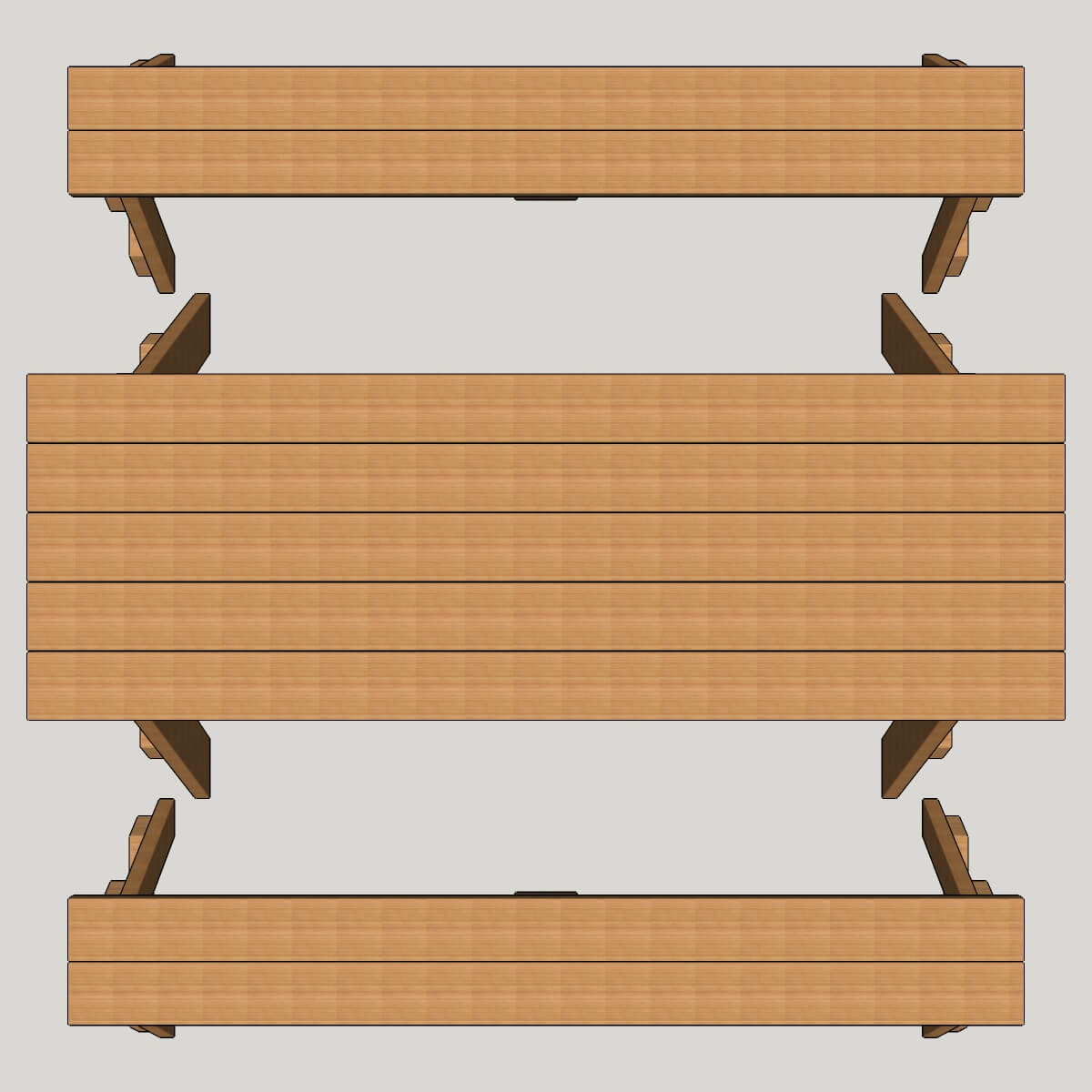 Top view showing the wood plank layout for the table and two benches