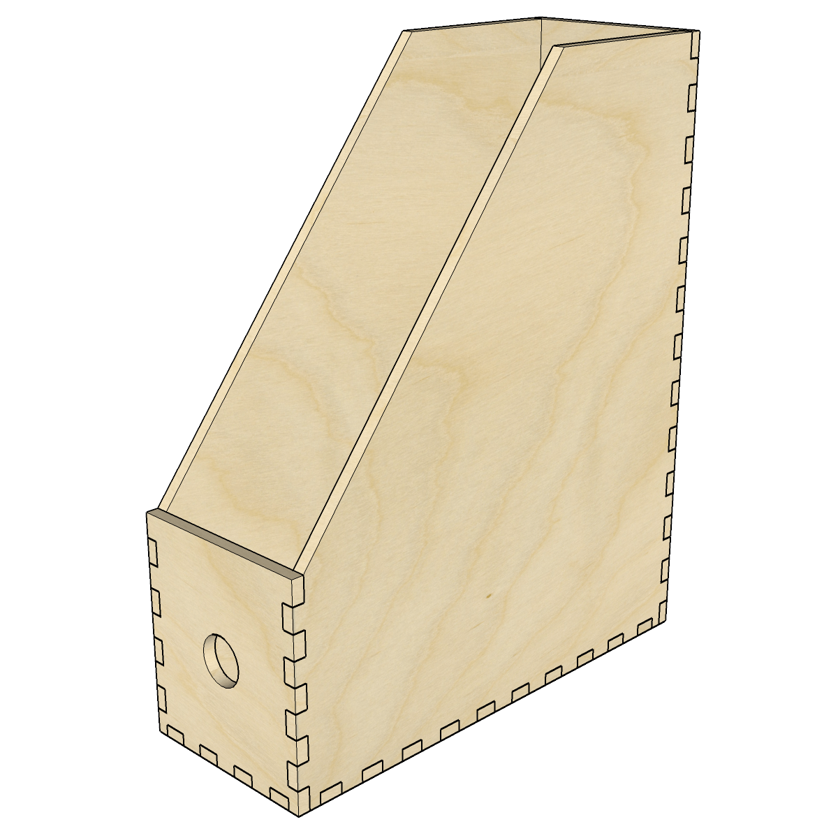 Isometric view of a wooden magazine file holder showing construction.