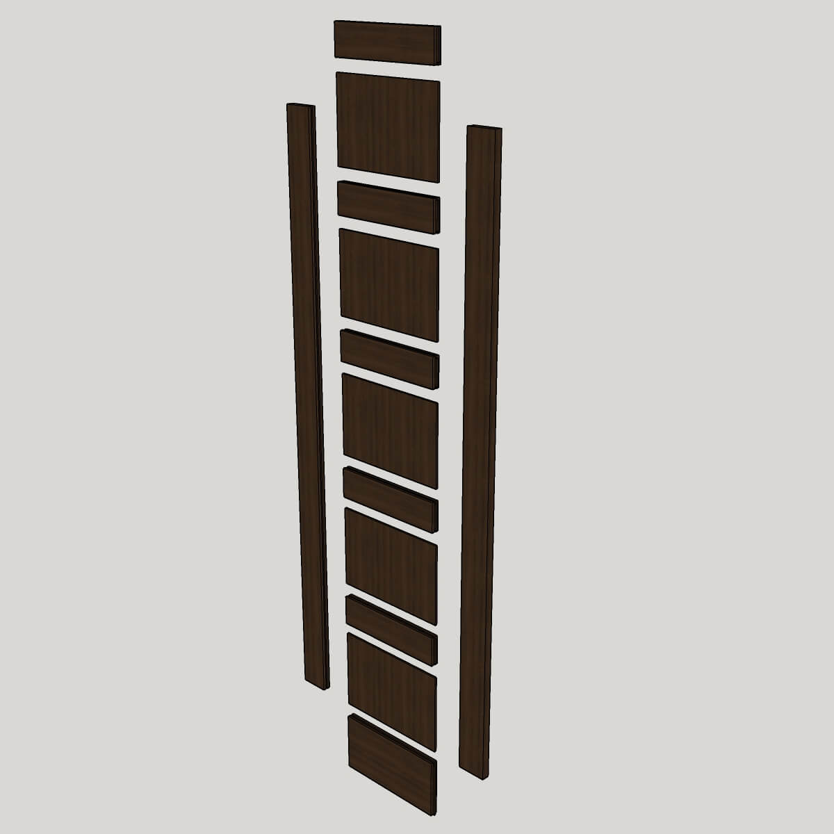 Exploded 3D view showing individual stiles, rails, and panels of a shaker door.
