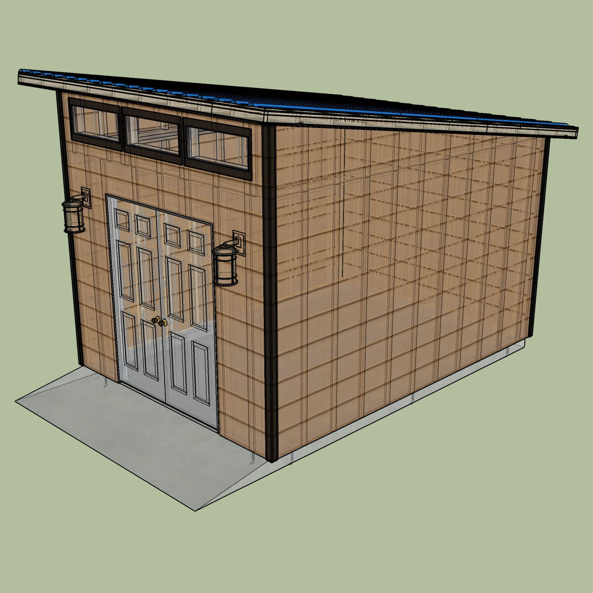 Translucent 3D view showing the internal lumber framing and stud layout.