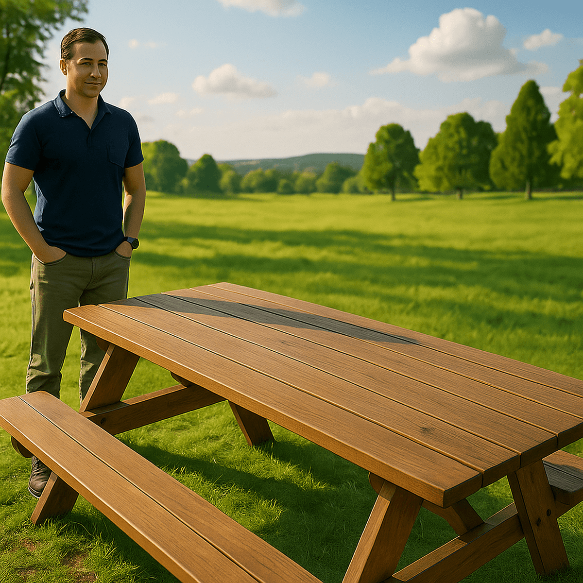 Man standing next to a newly built traditional wooden picnic table in a green park setting.