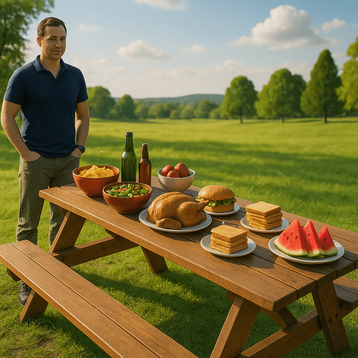 Man standing proudly next to a finished traditional wood picnic table loaded with outdoor barbecue food.