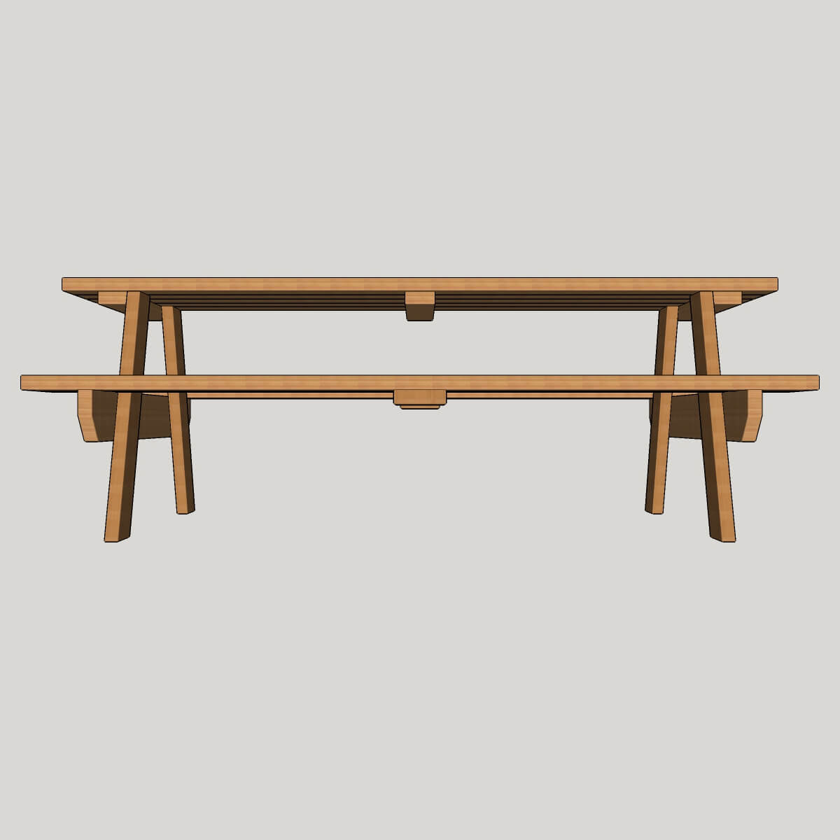 Front view 3D rendering of traditional wood picnic table plans.