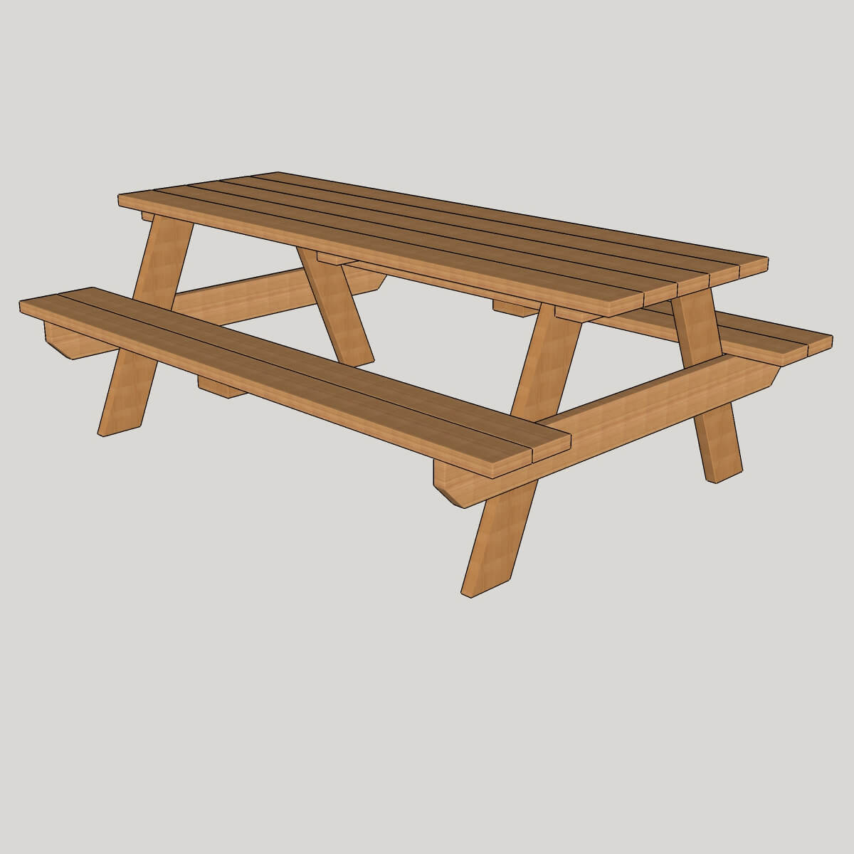 Isometric 3D model view of a classic wooden picnic table with attached benches.
