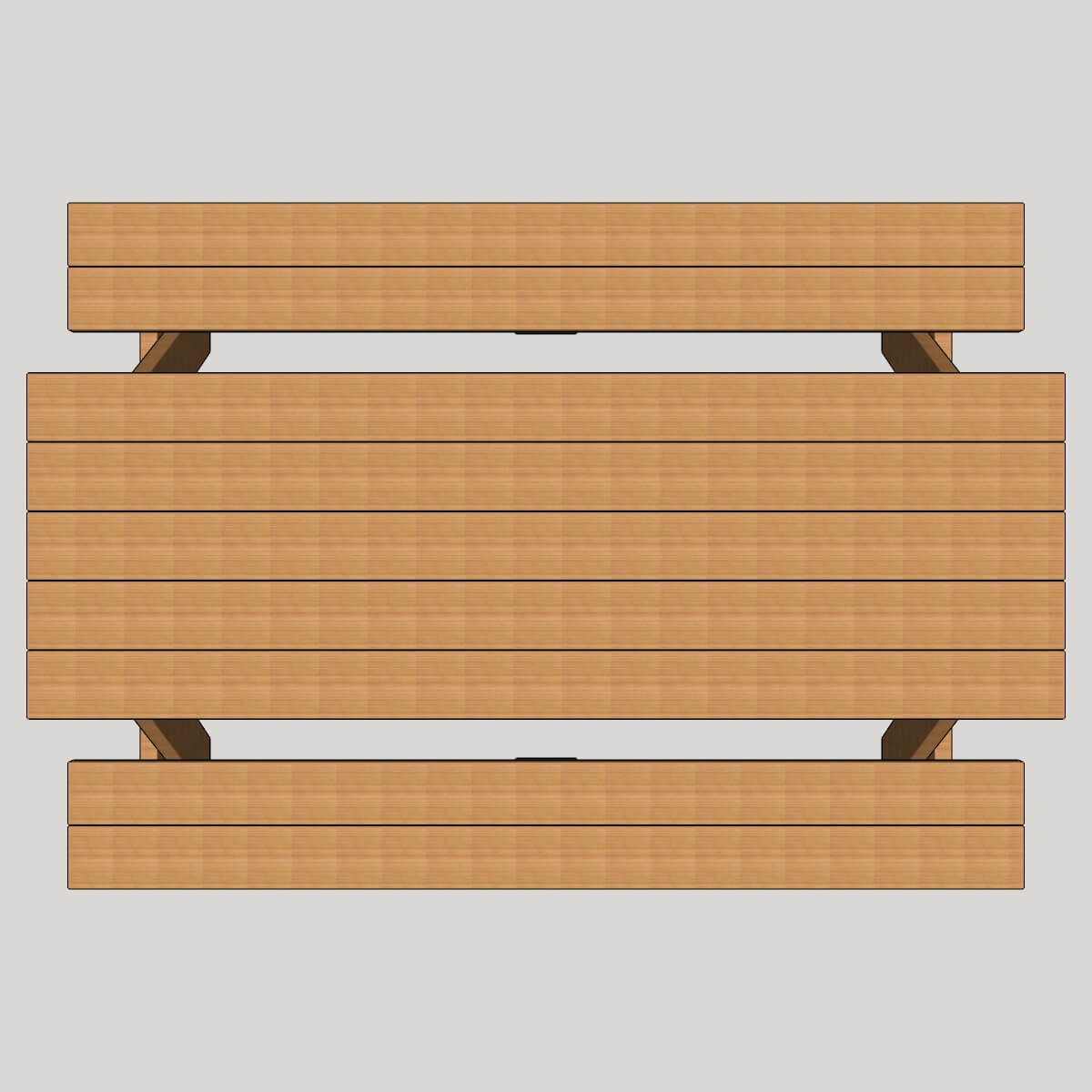 Top-down view of the wooden plank layout for a traditional picnic table plan.