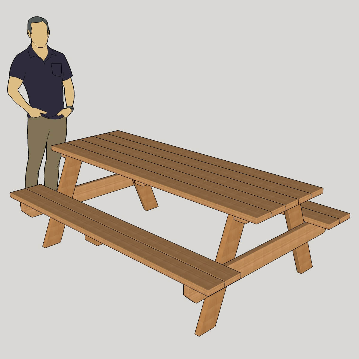 Isometric view of a wooden picnic table with a human scale model to show actual size.