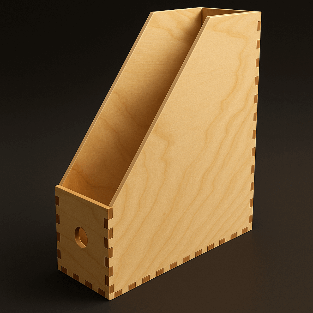 3D rendering of a finished wooden magazine holder with box joints.