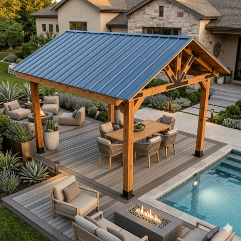 10x12 timber pavilion with blue metal roof near a pool and fireplace.