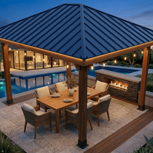 Realistic rendering of a hip roof pavilion by a pool with a fireplace.