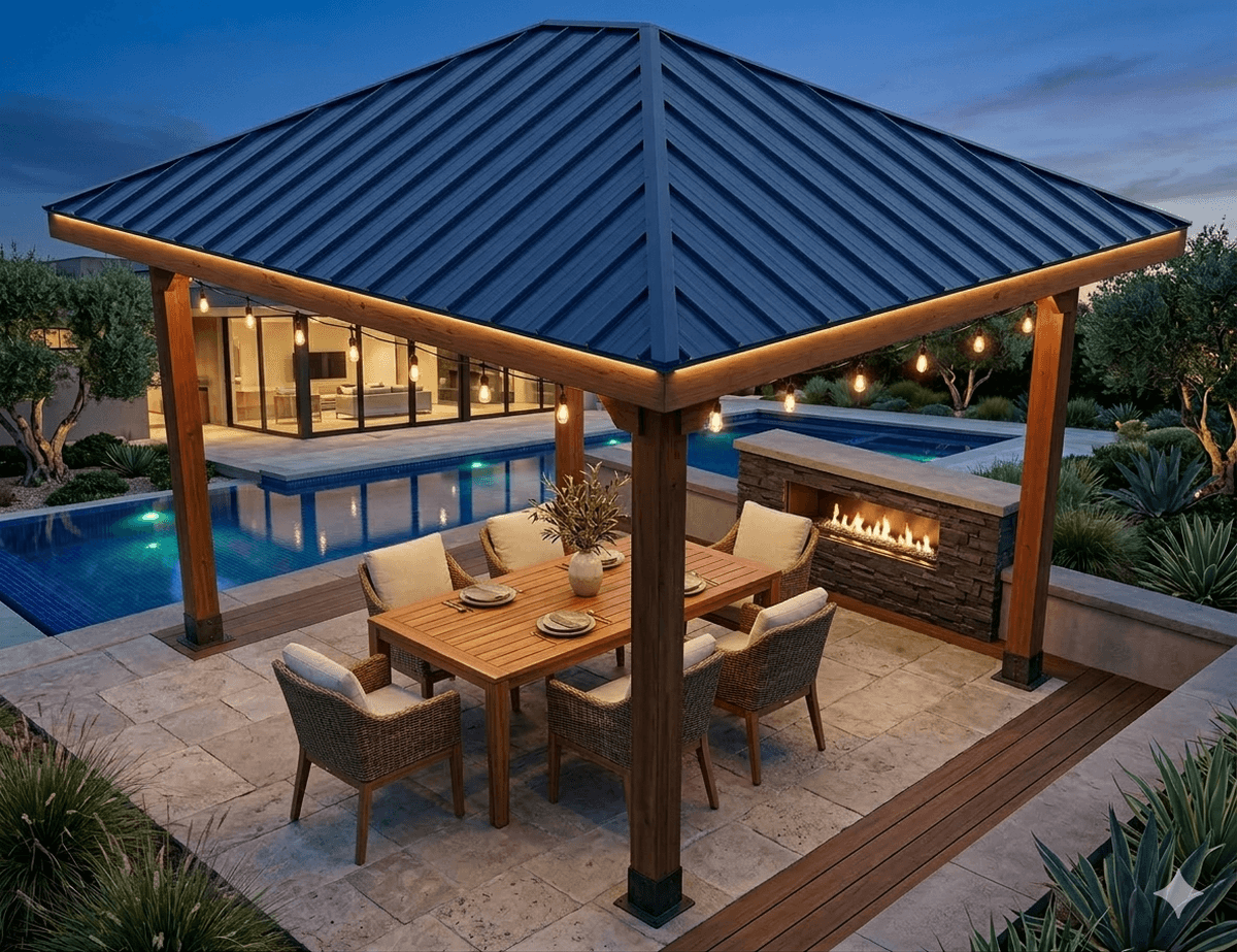 Realistic rendering of a hip roof pavilion by a pool with a fireplace.