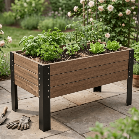 Realistic 18x48 modern raised garden bed with plants on a stone patio.