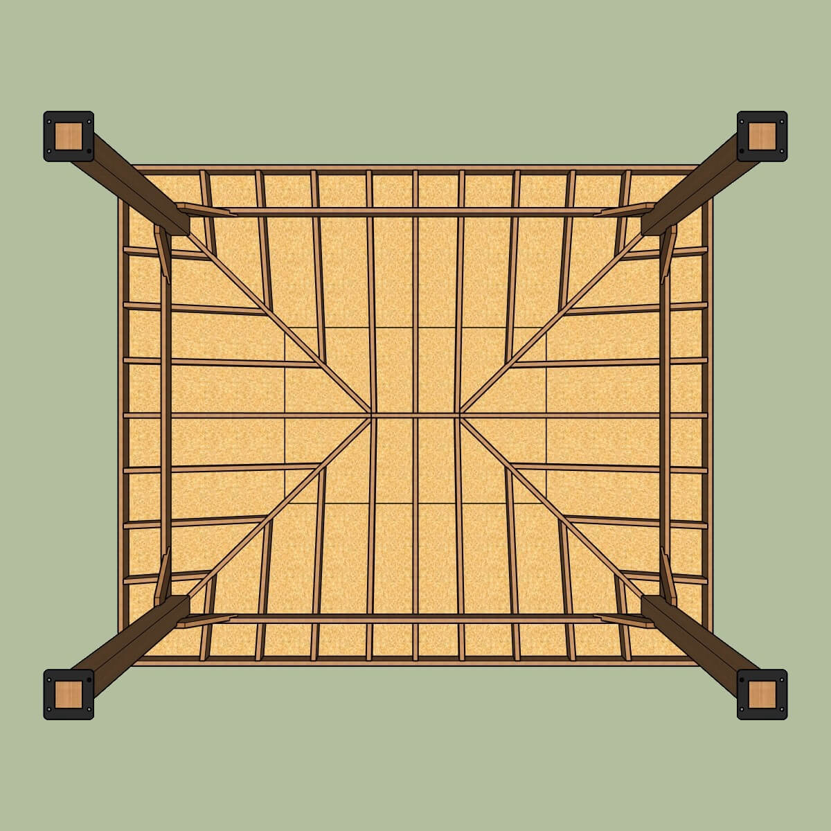 Bottom-up view of the hip roof pavilion framing and rafters.