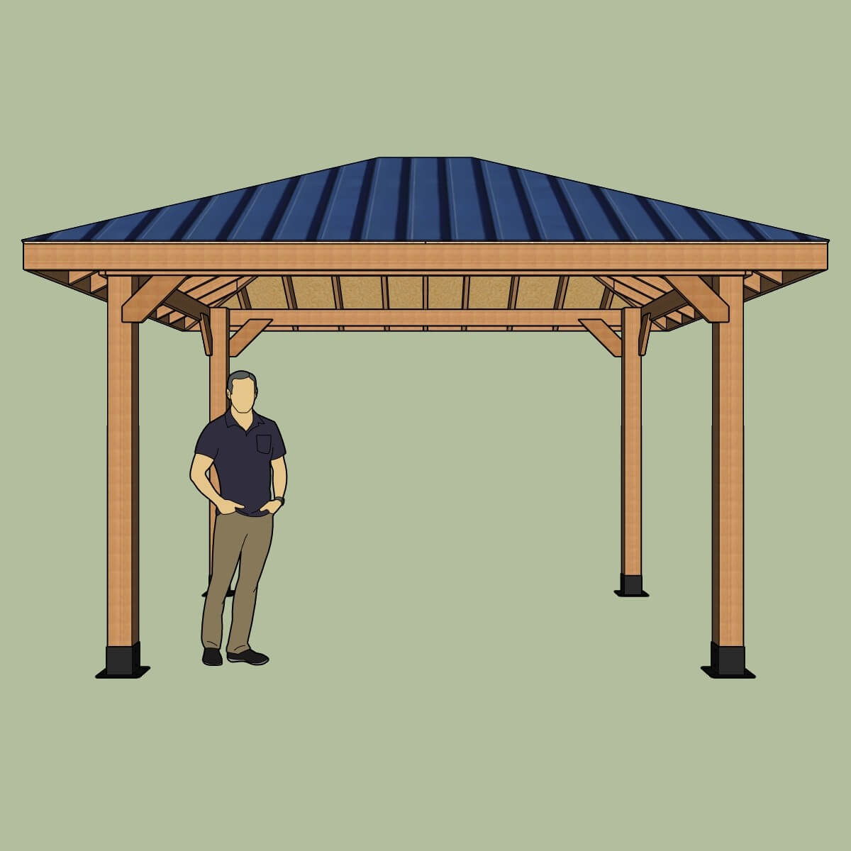 Front elevation drawing of a hip roof pavilion with scale human.