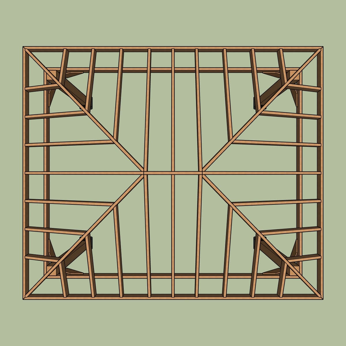 Top-down view of the hip roof rafter and ridge beam construction.