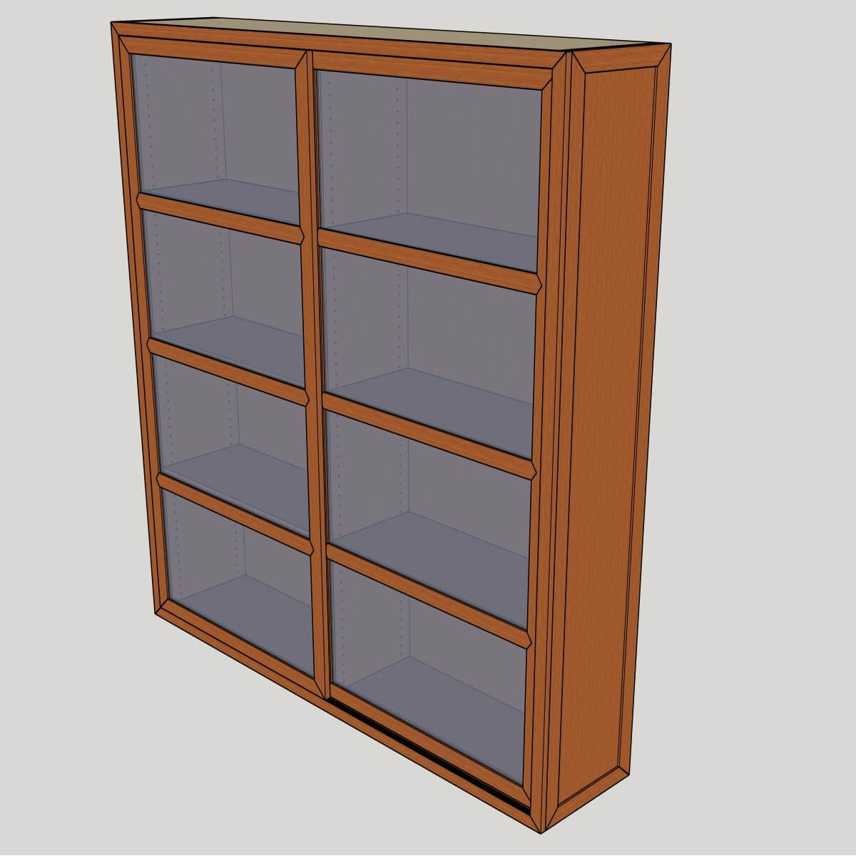 3D isometric view of the teak sliding glass door bookcase.