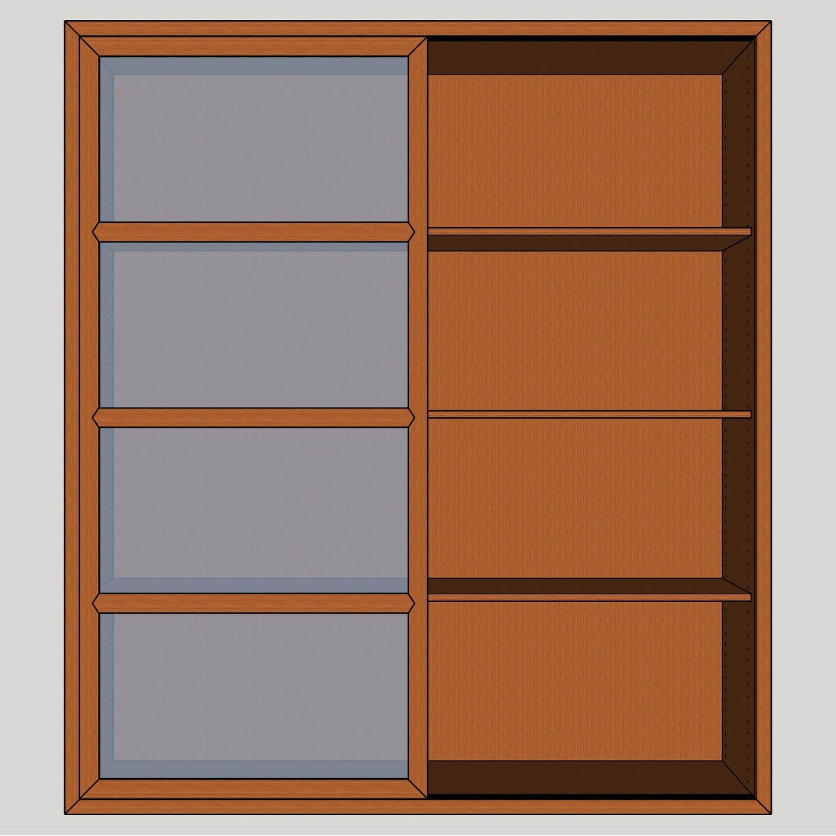 Front diagram showing the bypass sliding door mechanism of the teak cabinet.