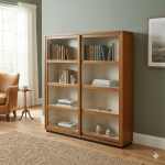 Finished Teak wood bookcase with sliding glass doors in a living room.