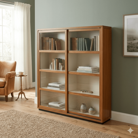 Finished Teak wood bookcase with sliding glass doors in a living room.