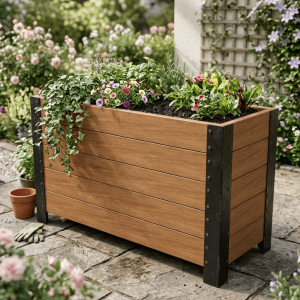 Large rectangular wooden planter box with black metal corner trim filled with flowers and leafy greens in a garden setting.