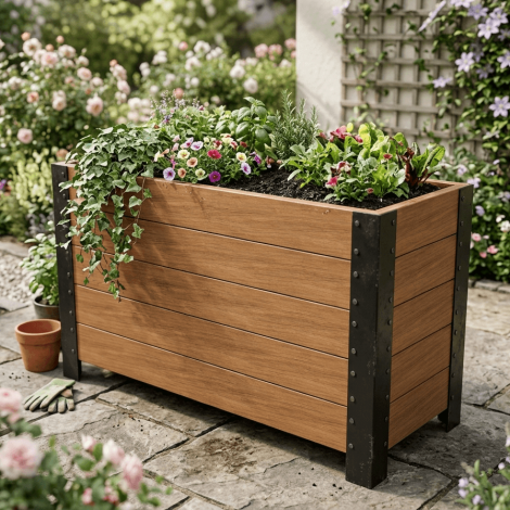 Large rectangular wooden planter box with black metal corner trim filled with flowers and leafy greens in a garden setting.