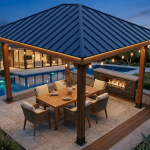 Realistic rendering of a 10x12 hip roof pavilion by a pool with a fireplace.